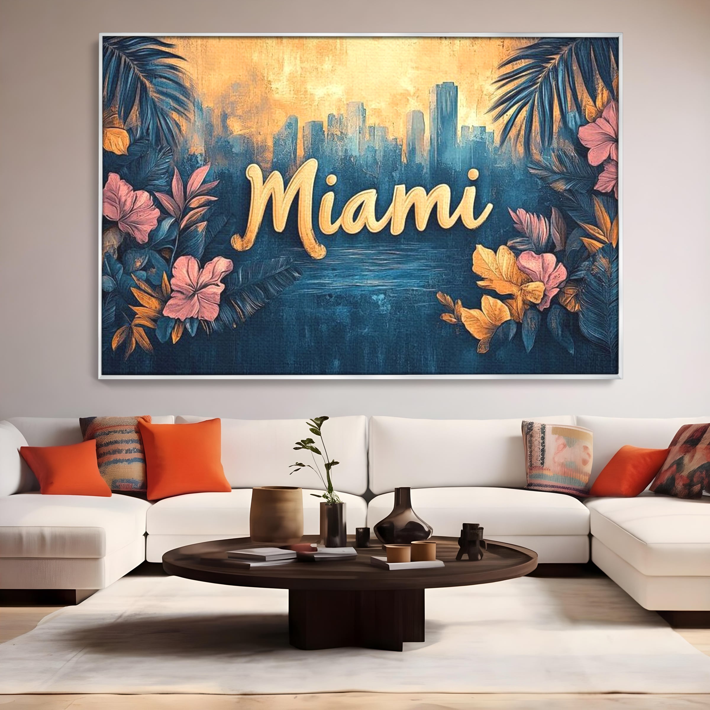 Tablou canvas cu tablou canvas cu peisaj urban miami, in rama de aluminiu argintiu, pe perete intr-un living